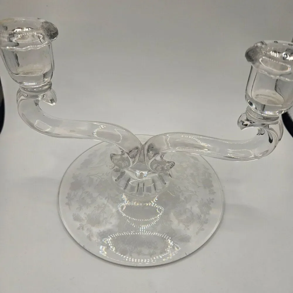 Vintage Clear Etched Glass Dual Candle Holder Floral Design